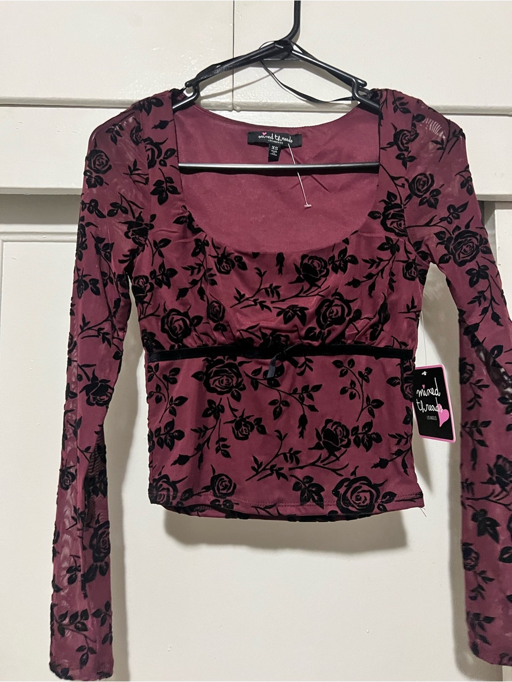 Mixed Threads Burgundy long sleeve Floral Lace Blouse Casual Office Small